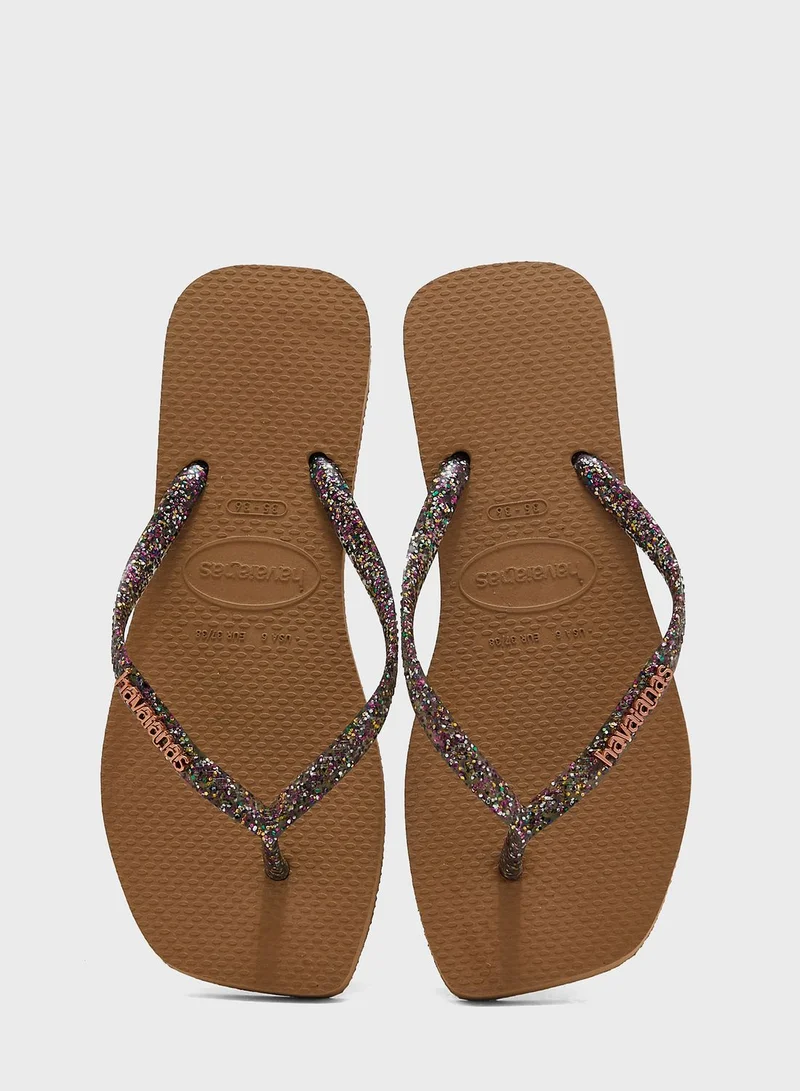 havaianas Slim Square Logo Metallic Flip Flops
