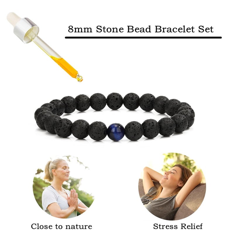 MengPa Mens Beaded Bracelets Couples Matching Bracelet Set Lava Rock Beads for Women Stone Jewelry(Tiger Eye-Blue) US4163T - Image 3