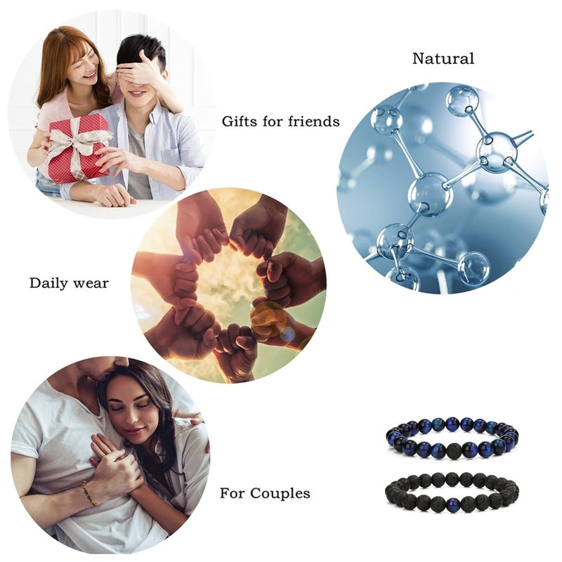 MengPa Mens Beaded Bracelets Couples Matching Bracelet Set Lava Rock Beads for Women Stone Jewelry(Tiger Eye-Blue) US4163T - Image 2