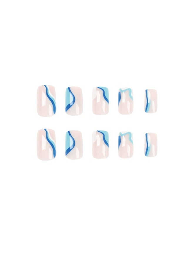Goolsky Luxurious Blue White Wave Almond Press-On Nails - Glossy Summer Beach Casual Wear - Image 5