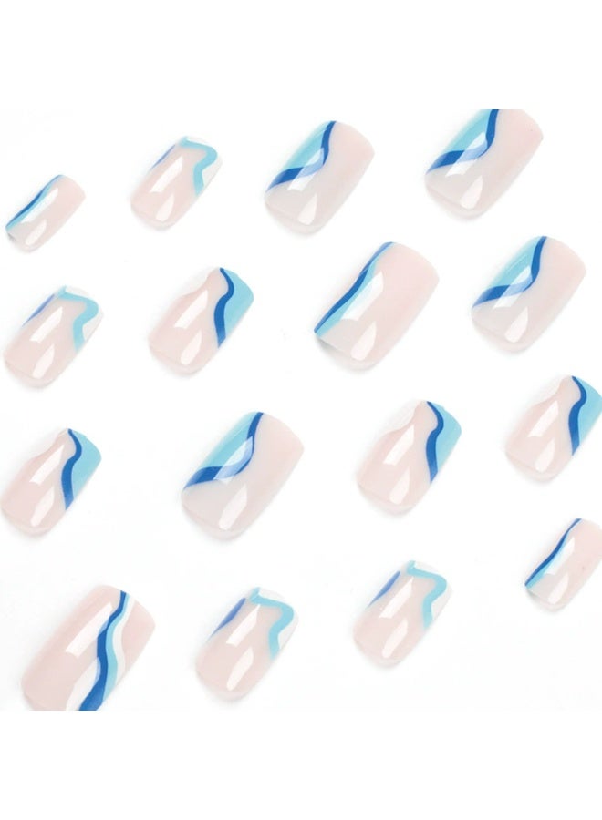 Goolsky Luxurious Blue White Wave Almond Press-On Nails - Glossy Summer Beach Casual Wear - Image 4