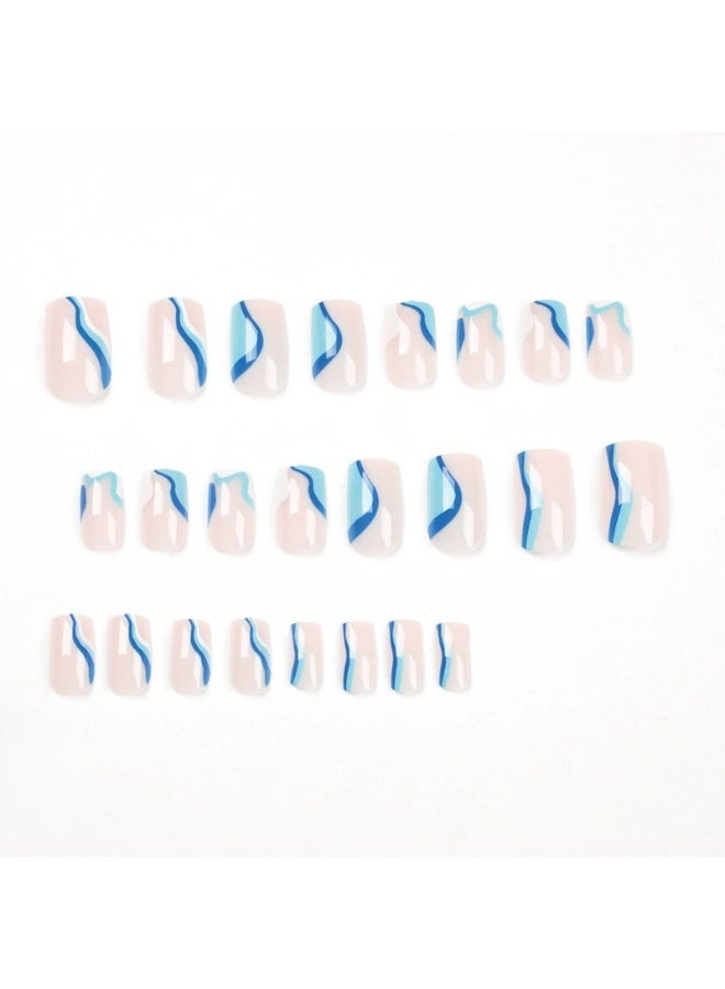 Goolsky Luxurious Blue White Wave Almond Press-On Nails - Glossy Summer Beach Casual Wear - Image 2