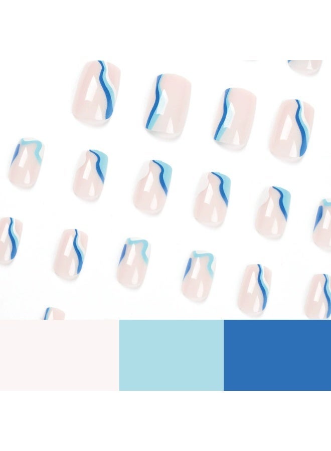 Goolsky Luxurious Blue White Wave Almond Press-On Nails - Glossy Summer Beach Casual Wear - Image 3