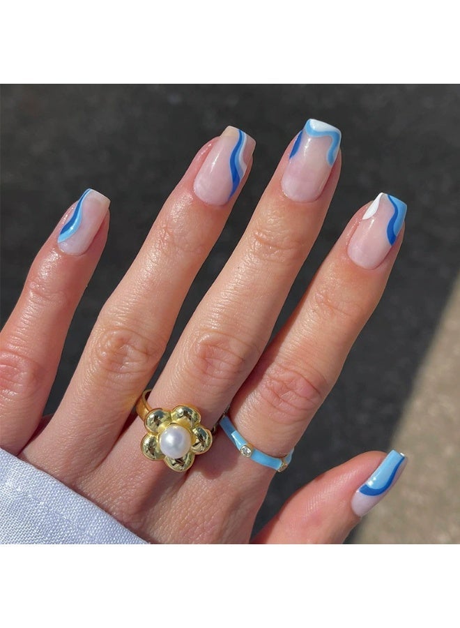 Goolsky Luxurious Blue White Wave Almond Press-On Nails - Glossy Summer Beach Casual Wear - Image 1