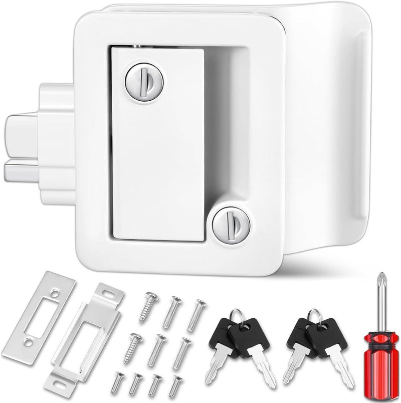Ramkle RV Entry Door Lock, Camper Lock, Travel Trailer Door Latch, RV Lock Replacement Kit with Paddle Deadbolt 4 Keys, for Camper Horse Trailer Cargo Hauler Truck, White - Image 1