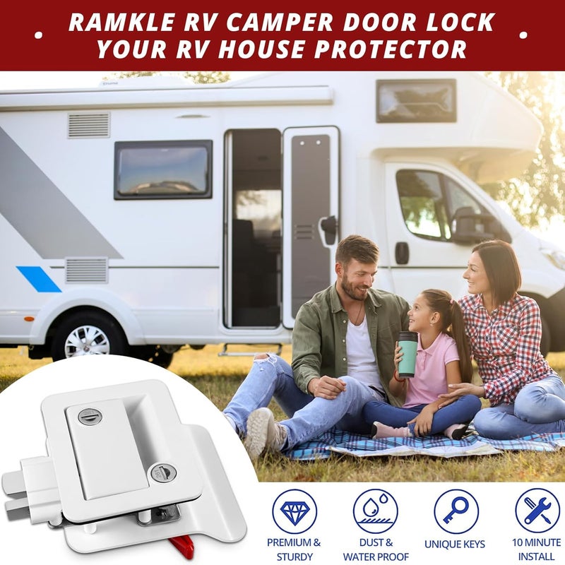 Ramkle RV Entry Door Lock, Camper Lock, Travel Trailer Door Latch, RV Lock Replacement Kit with Paddle Deadbolt 4 Keys, for Camper Horse Trailer Cargo Hauler Truck, White - Image 5