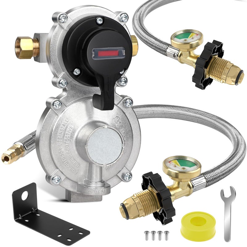 NQN 2 Stage Automatic Changeover LP Propane Gas Regulator with 36 RV Pigtail Propane Hoses with Gauge POL Connect 100 lb propane tank regulator 14 Inverted Male Flare Ideal for Trailers and Camper RVs - Image 2