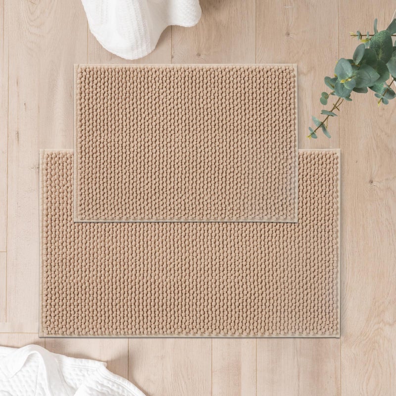 FRESHMINT Chenille Bathroom Rugs Set - 2 Piece 17"x24"+20"x32", Non-Slip Absorbent Bath Mats, Washable Set of 2 Shower Floor Mats, Beige - Image 1