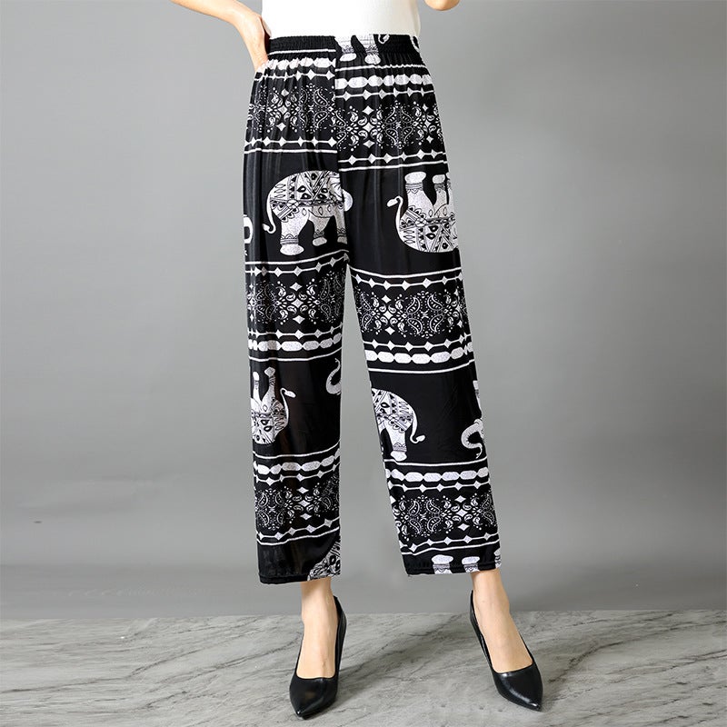 Summer Womens Ice Silk Pants Middle-aged and Elderly Loose Casual Home Pants Elacto Plus Fat Mother Pants Square Sports No.34 Nine-point Straight Pants 