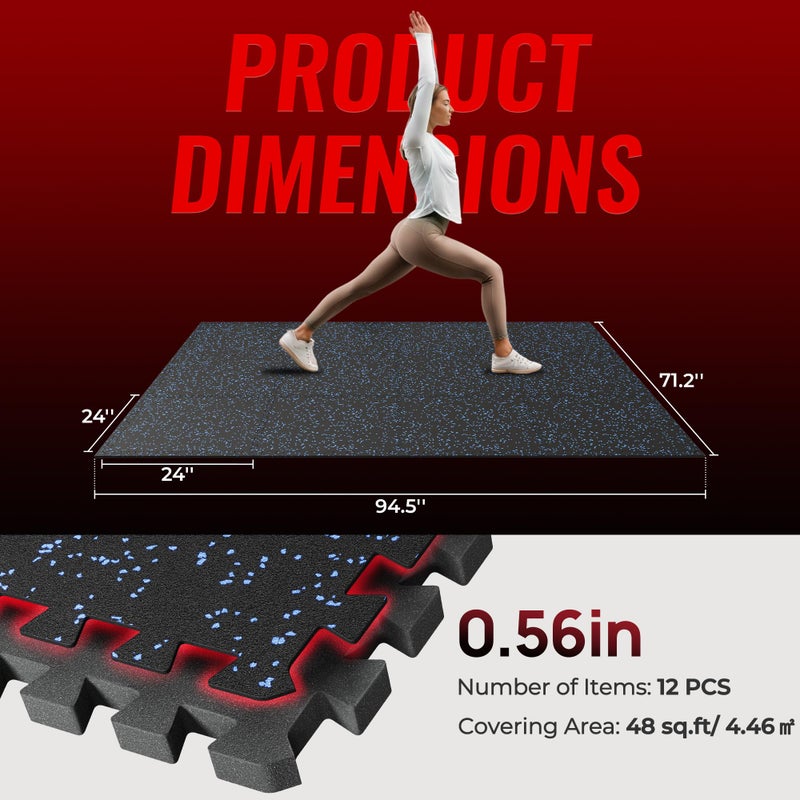 SUPERJARE 0.56'' Thick 12 Pcs 48 Sq Ft Rubber Top Exercise Equipment Mats, High Density EVA Foam Mats with Rubber Top, Interlocking Gym Flooring for Home Gym, Protective Workout Mat, Black/Blue - Image 3