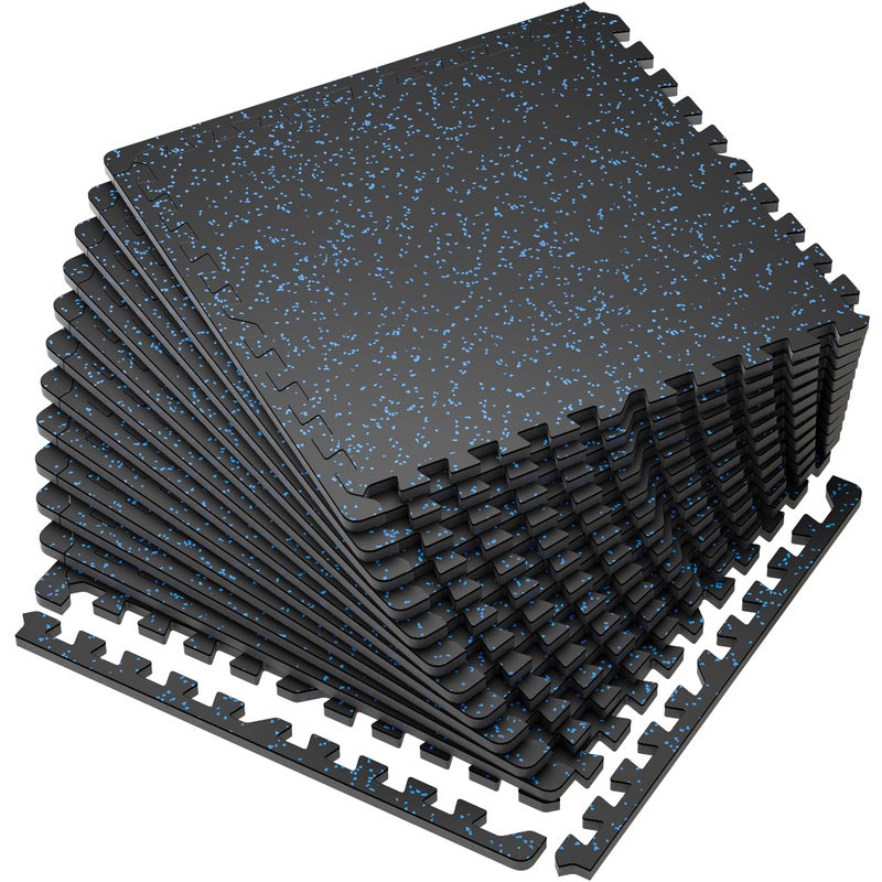 SUPERJARE 0.56'' Thick 12 Pcs 48 Sq Ft Rubber Top Exercise Equipment Mats, High Density EVA Foam Mats with Rubber Top, Interlocking Gym Flooring for Home Gym, Protective Workout Mat, Black/Blue - Image 1