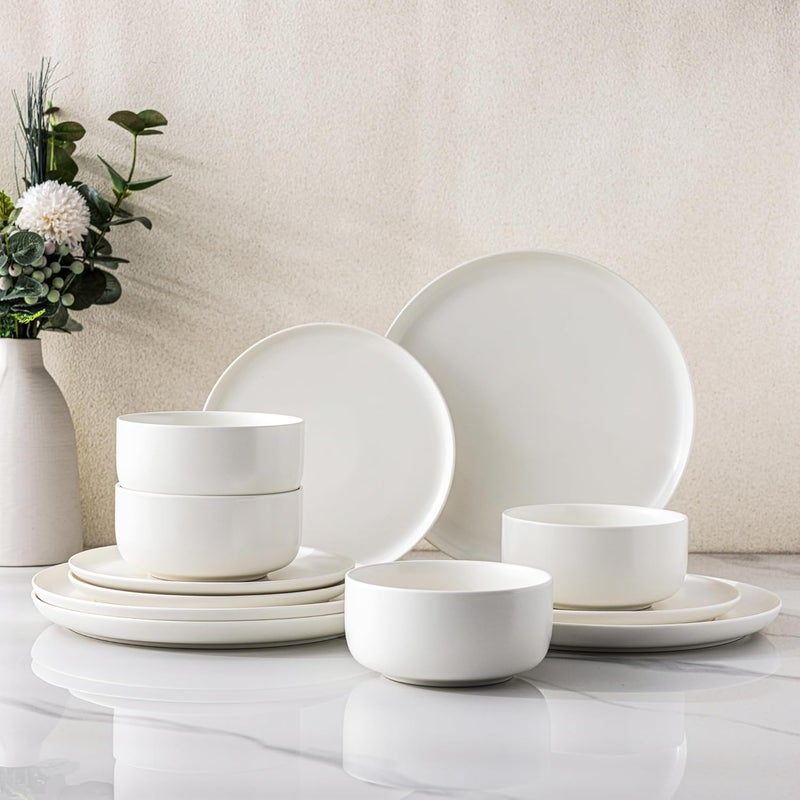 LERATIO Stoneware Dinnerware Sets for 4Handcarft Ceramic Plates and Bowls SetsChip and Scratch Resistant Dishes Dishwasher  Microwave Safe Oven safeReactive GlazeWhite - Image 1