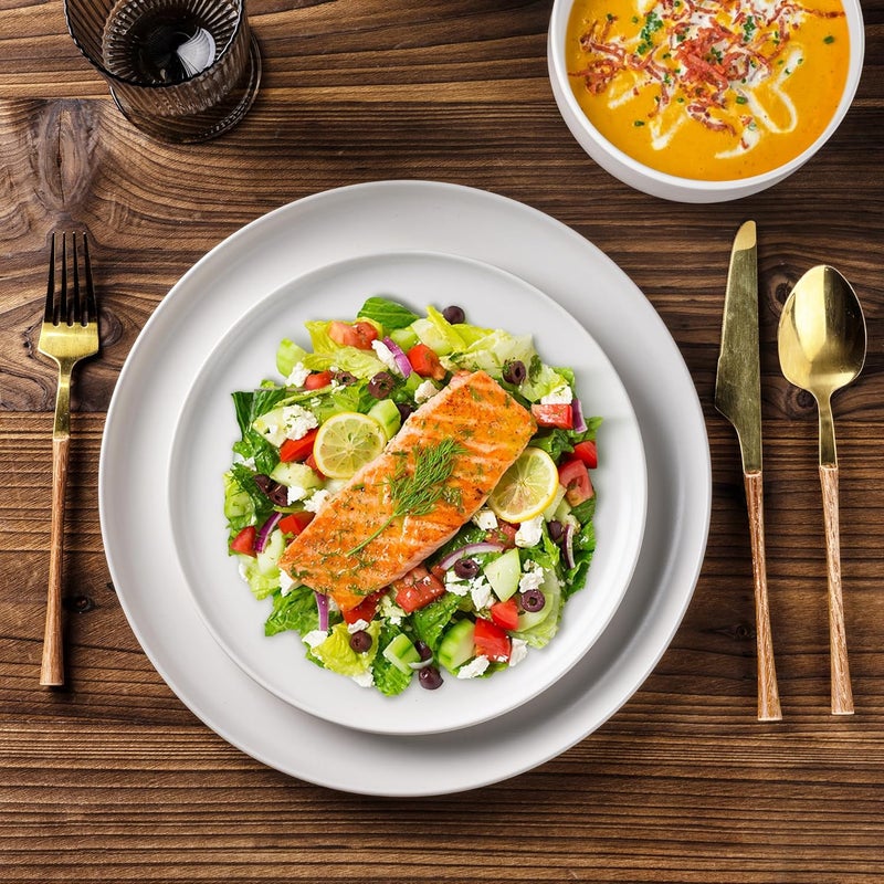 LERATIO Stoneware Dinnerware Sets for 4Handcarft Ceramic Plates and Bowls SetsChip and Scratch Resistant Dishes Dishwasher  Microwave Safe Oven safeReactive GlazeWhite - Image 4