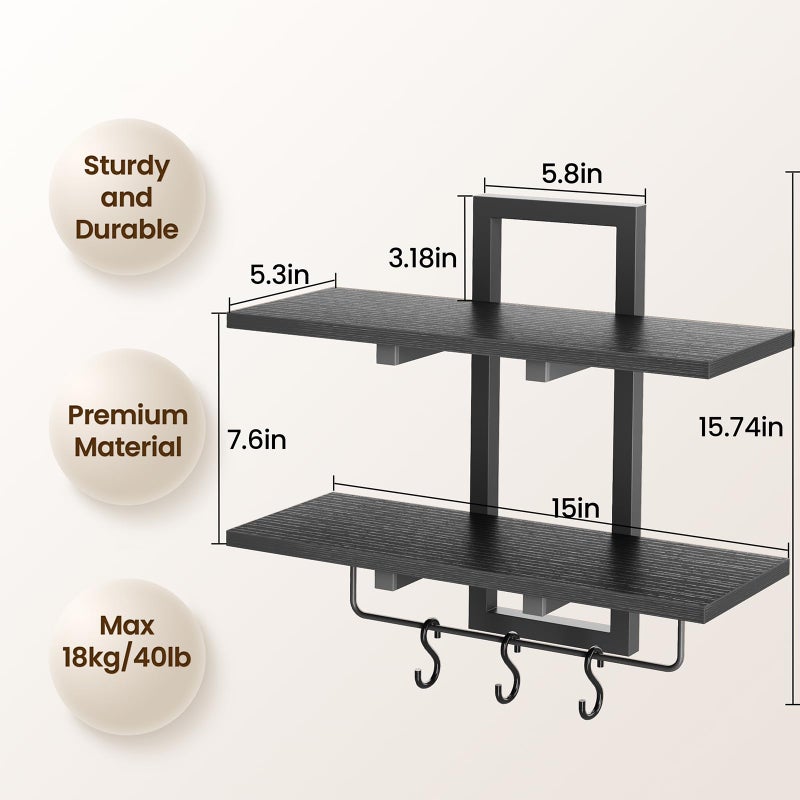 Creso hom Floating Shelves for Wall Set of 2, Wood Wall Shelf with 6 Hooks, 2 Tier Hanging Decorative Storage Shelves for Living Room Bedroom Bathroom Kitchen Office Coffee Bar, Black - Image 5