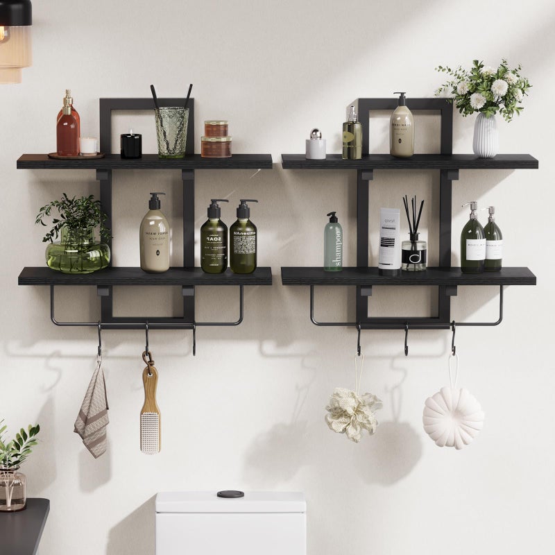 Creso hom Floating Shelves for Wall Set of 2, Wood Wall Shelf with 6 Hooks, 2 Tier Hanging Decorative Storage Shelves for Living Room Bedroom Bathroom Kitchen Office Coffee Bar, Black - Image 1