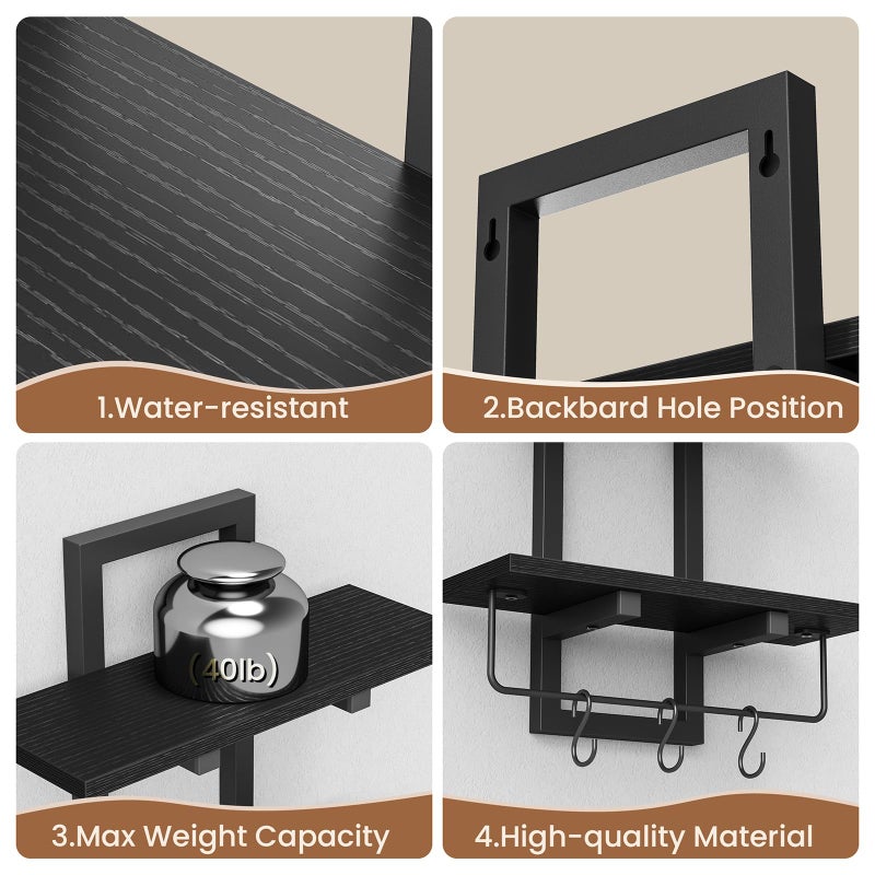 Creso hom Floating Shelves for Wall Set of 2, Wood Wall Shelf with 6 Hooks, 2 Tier Hanging Decorative Storage Shelves for Living Room Bedroom Bathroom Kitchen Office Coffee Bar, Black - Image 4