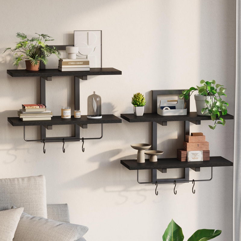 Creso hom Floating Shelves for Wall Set of 2, Wood Wall Shelf with 6 Hooks, 2 Tier Hanging Decorative Storage Shelves for Living Room Bedroom Bathroom Kitchen Office Coffee Bar, Black - Image 3