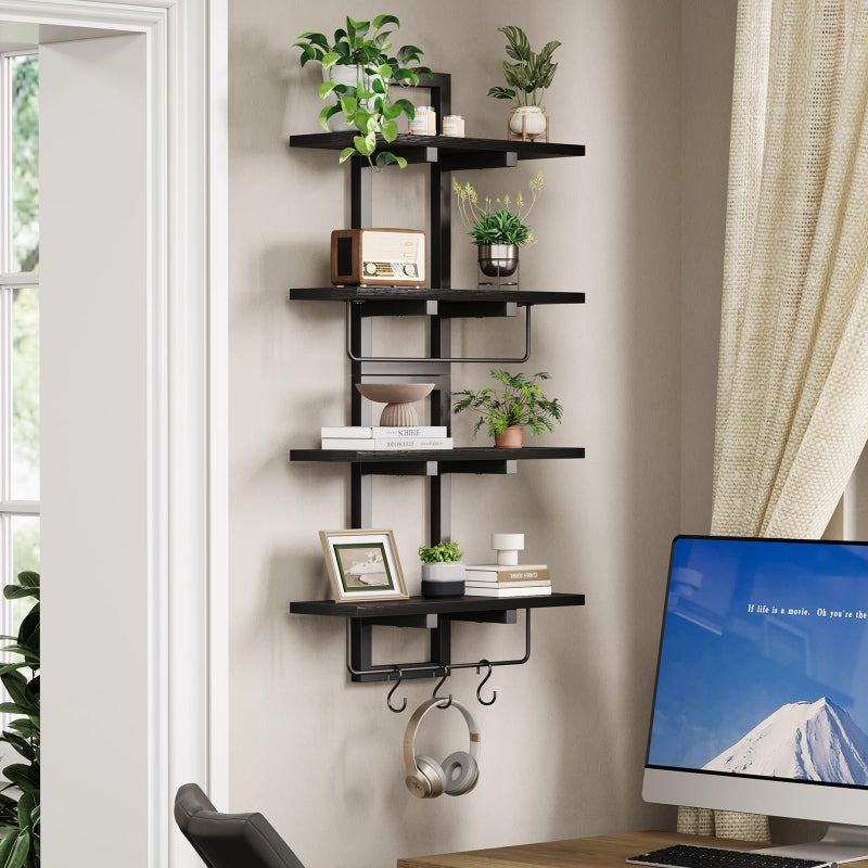 Creso hom Floating Shelves for Wall Set of 2, Wood Wall Shelf with 6 Hooks, 2 Tier Hanging Decorative Storage Shelves for Living Room Bedroom Bathroom Kitchen Office Coffee Bar, Black - Image 2