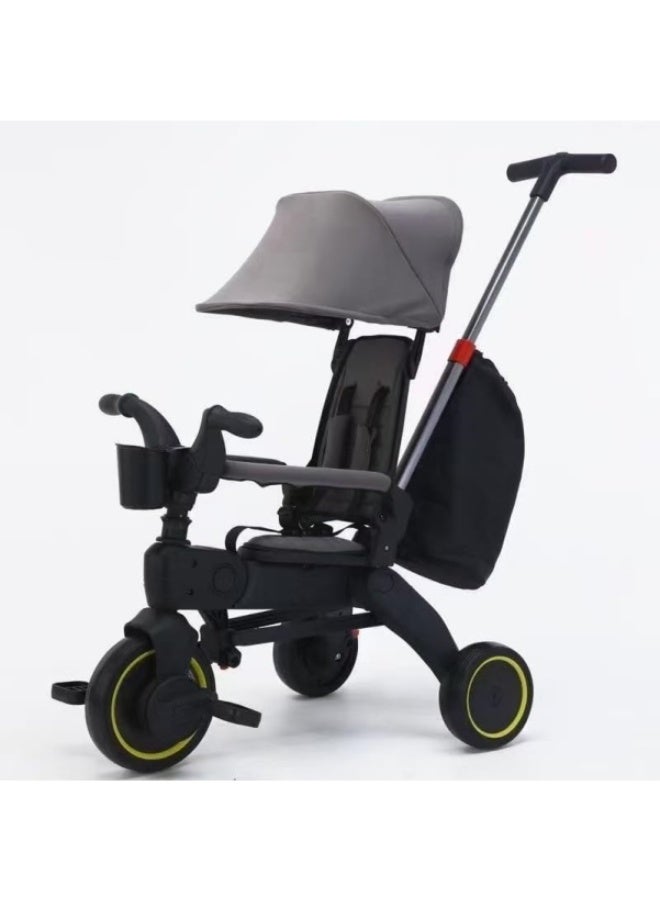 طفل نقي دراجة ثلاثية العجلات للأطفال الصغار، دراجة أطفال، دراجة ثلاثية العجلات قابلة للطي 5 في 1، دراجة ثلاثية العجلات بمقبض دفع ومسند ظهر وحزام أمان، دراجة توازن (رمادي) - Image 2