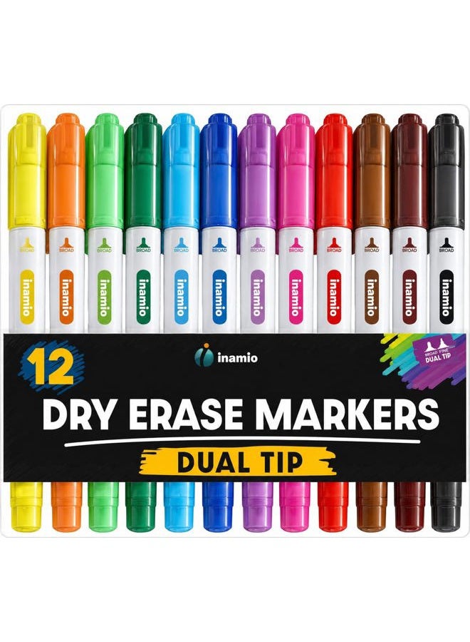 Inamio Dry Erase Markers for Whiteboard - Dual Tip, Medium and Fine Point - Ultra Fine Tip Dry Erase Markers, Perfect for Home, School or Office - Low Odor, 12 Set Assorted Colors - Image 1