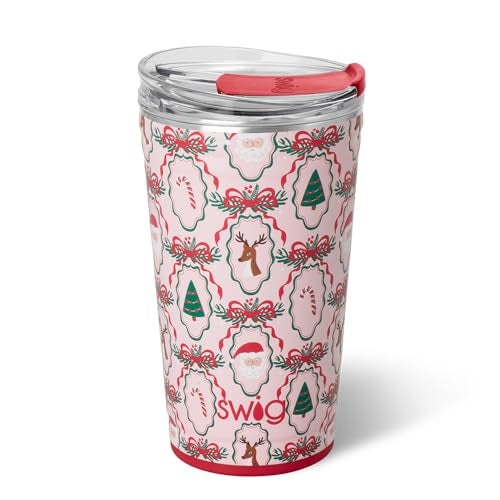 Swig Life 24oz Party Cup Stackable Insulated Travel Coffee Tumbler with EZ Slider Lid Cup Holder Friendly Travel Stainless Steel 24 oz Tumbler Reusable Mug Christmas Cameos - Image 1