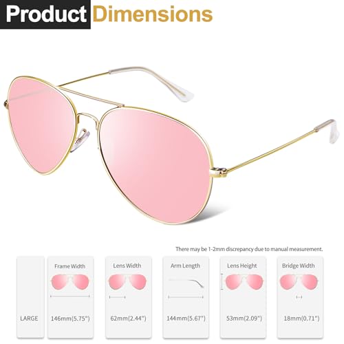 Joopin Polarized Aviation Pink Sunglasses for Women Men, Classic Oversized Military Sun Glasses Reflective Mirrored Lens UV Protection - Image 3