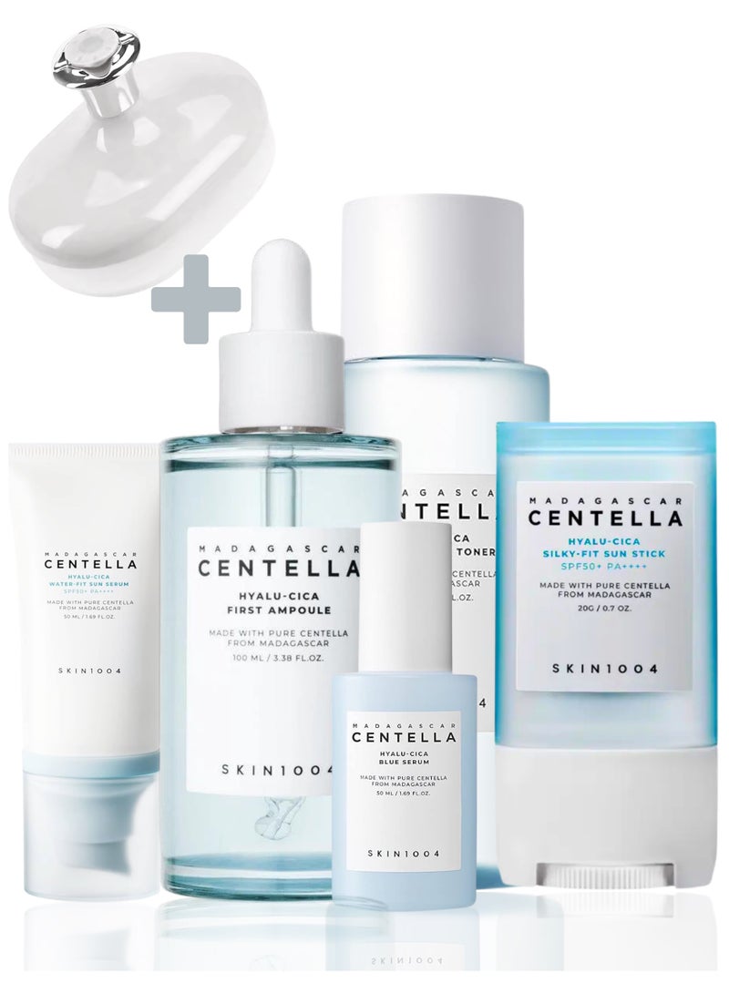 SKIN1004 Centella Hyalu-Cica Skincare Set, Silky-Fit Sun Stick 12G, Brightening Toner 210Ml, First Ampoule 100Ml, Blue Serum 50Ml And Face Scrubber - Image 1