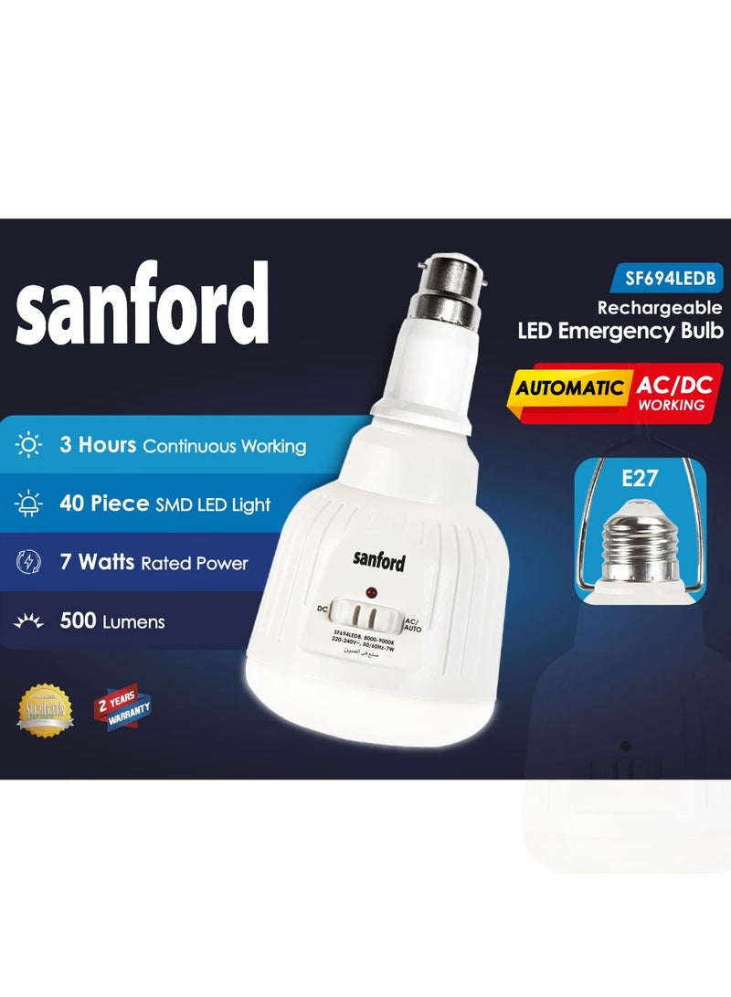 Sanford Rechargeable LED Emergency Bulb, 7W, 500 Lumens, 40 SMD LEDs, 1000mAh Battery, E27 Base, AC/DC, 3 Hours Working Time, Power Outage, Camping, Home - Image 4