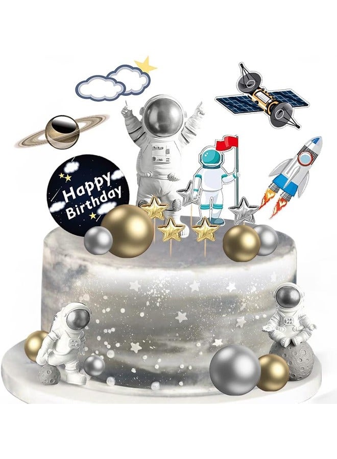 22 قطعة من قطع الكيك ذات الشكل الفضائي وكرات اللؤلؤ ونجوم كوكب الصواريخ والفضاء الخارجي للكب كيك وتمثال رائد الفضاء لتزيين حفلات أعياد ميلاد الأطفال - Image 1