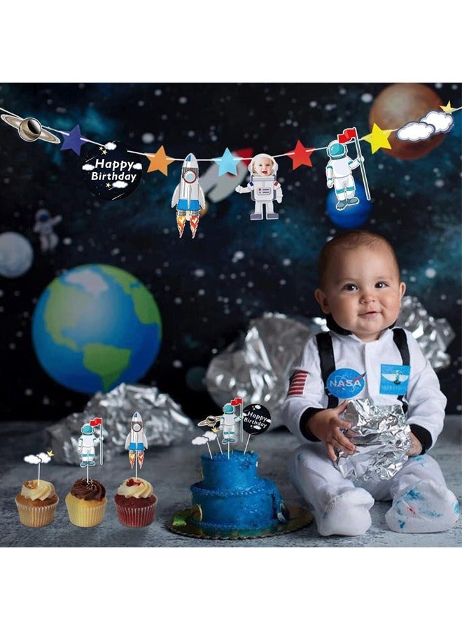 22 قطعة من قطع الكيك ذات الشكل الفضائي وكرات اللؤلؤ ونجوم كوكب الصواريخ والفضاء الخارجي للكب كيك وتمثال رائد الفضاء لتزيين حفلات أعياد ميلاد الأطفال - Image 5