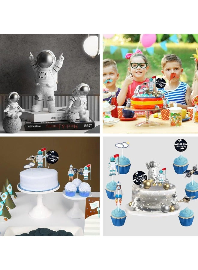 22 قطعة من قطع الكيك ذات الشكل الفضائي وكرات اللؤلؤ ونجوم كوكب الصواريخ والفضاء الخارجي للكب كيك وتمثال رائد الفضاء لتزيين حفلات أعياد ميلاد الأطفال - Image 2