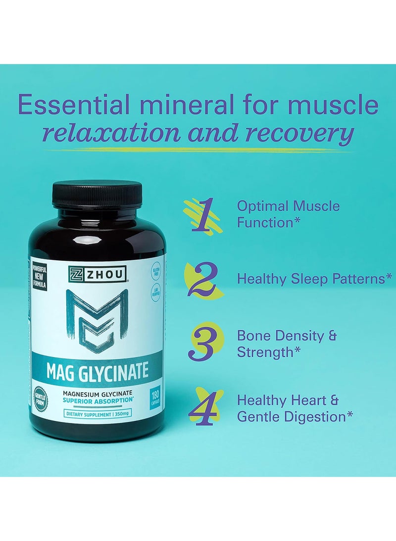 Zhou Nutrition Zhou Magnesium Glycinate Complex 350 Mg, Time-Release Absorption, Muscle Relaxation And Recovery, 45 Servings, 180 Capsules  - Image 3
