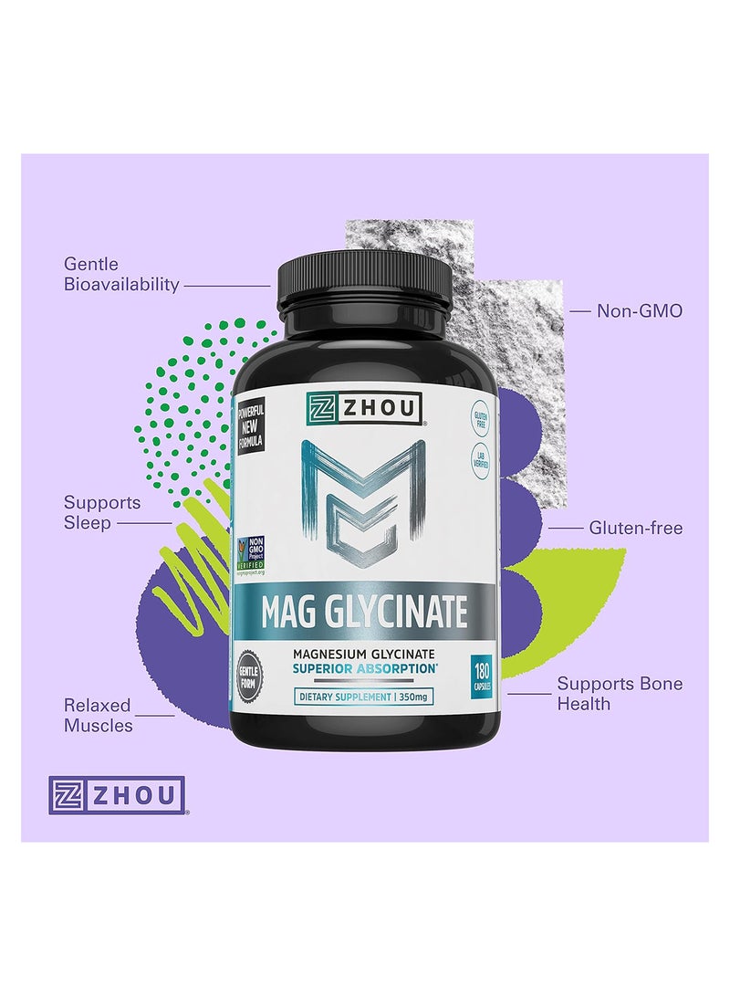 Zhou Nutrition Zhou Magnesium Glycinate Complex 350 Mg, Time-Release Absorption, Muscle Relaxation And Recovery, 45 Servings, 180 Capsules  - Image 4