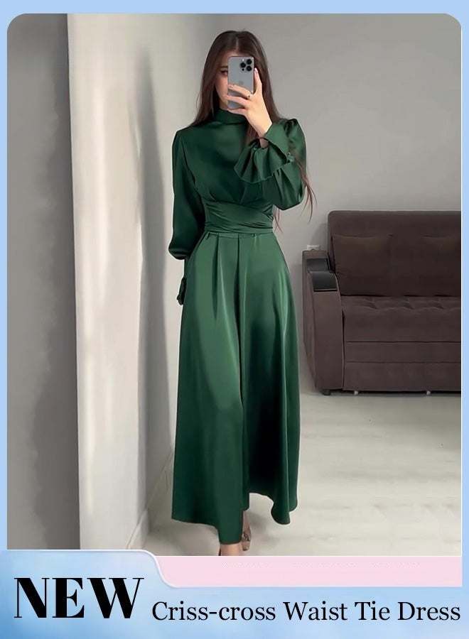 Puff Sleeves Waisted Ankle-Length Skirt for Women Half Turtleneck Waist Slim Long Sleeves Banquet Dress Ladies Advanced Elegant Temperament Comfortable Skin-Friendly Evening Gown Dress Green - Image 1