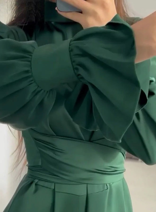 Puff Sleeves Waisted Ankle-Length Skirt for Women Half Turtleneck Waist Slim Long Sleeves Banquet Dress Ladies Advanced Elegant Temperament Comfortable Skin-Friendly Evening Gown Dress Green - Image 5
