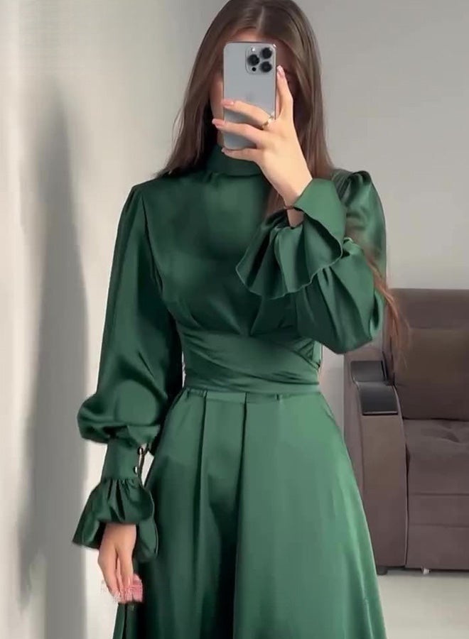 Puff Sleeves Waisted Ankle-Length Skirt for Women Half Turtleneck Waist Slim Long Sleeves Banquet Dress Ladies Advanced Elegant Temperament Comfortable Skin-Friendly Evening Gown Dress Green - Image 2
