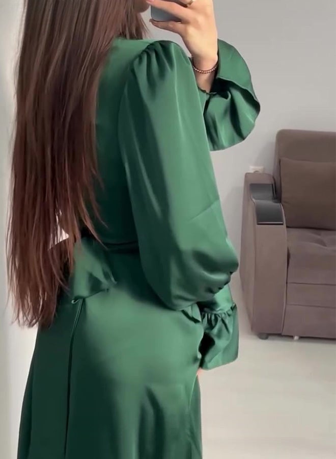 Puff Sleeves Waisted Ankle-Length Skirt for Women Half Turtleneck Waist Slim Long Sleeves Banquet Dress Ladies Advanced Elegant Temperament Comfortable Skin-Friendly Evening Gown Dress Green - Image 3