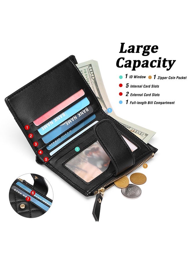Peachjoy Minimalist Small Zipper Wallets for Women, Slim Bifold PU Leather Credit Card Holder Wallets With ID Window, Ladies Clutch Purses Mini Coin Purse, Black - Image 2