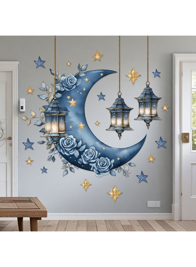 شهر رمضان كريم - ملصق جدار هلال ونجوم - ملصق فني ذاتي الالتصاق وقابل لإعادة الاستخدام للمعيشة وغرفة النوم وزينة المنزل - ديكور إسلامي أنيق للمناسبات (3 ورقات) 60*40 سم - Image 2