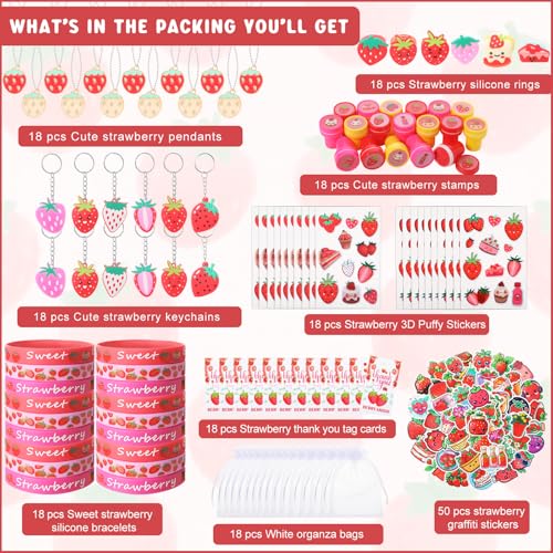 Landical Strawberry Party Favors Pendant Keychain Silicone Ring Bracelet Bubble Sticker Party Tags Gift Bag Stamper for Baby Shower Kid Girls Berry Birthday Supplies194 PcsCute Strawberry - Image 5
