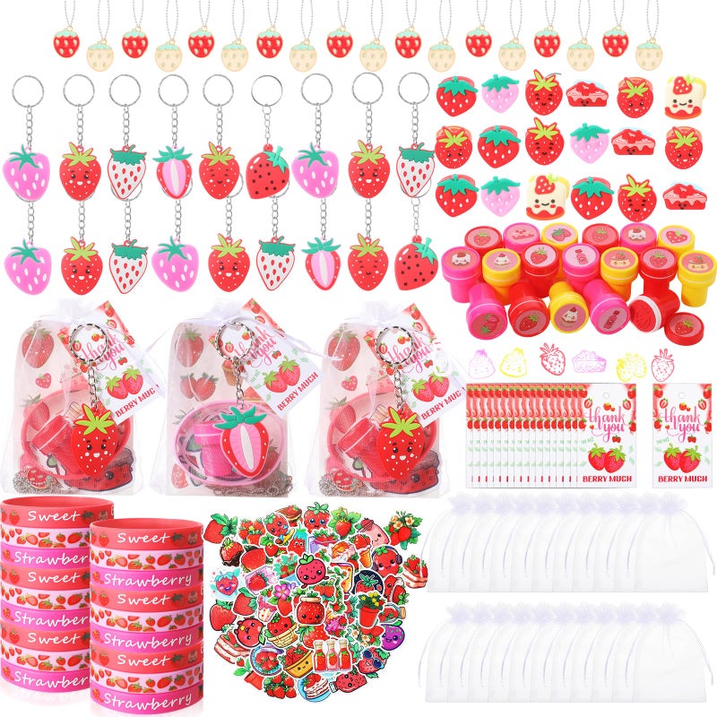 Landical Strawberry Party Favors Pendant Keychain Silicone Ring Bracelet Bubble Sticker Party Tags Gift Bag Stamper for Baby Shower Kid Girls Berry Birthday Supplies194 PcsCute Strawberry - Image 3