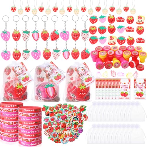 Landical Strawberry Party Favors Pendant Keychain Silicone Ring Bracelet Bubble Sticker Party Tags Gift Bag Stamper for Baby Shower Kid Girls Berry Birthday Supplies194 PcsCute Strawberry - Image 1