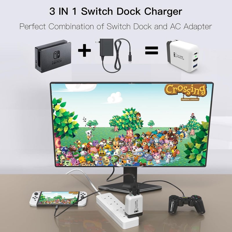 ميرابوكس شاحن محمول بقوة 65 واط لجهاز Nintendo Switch، متوافق مع أجهزة Switch OLED/Steam Deck/ROG Ally/Samsung Dex/iPad/MacBook، وحدة توصيل تلفزيون بتقنية USB-C بدقة 4K ومعدل 60 هرتز، يدعم الشحن والإخراج عبر منفذ HDMI. - Image 5