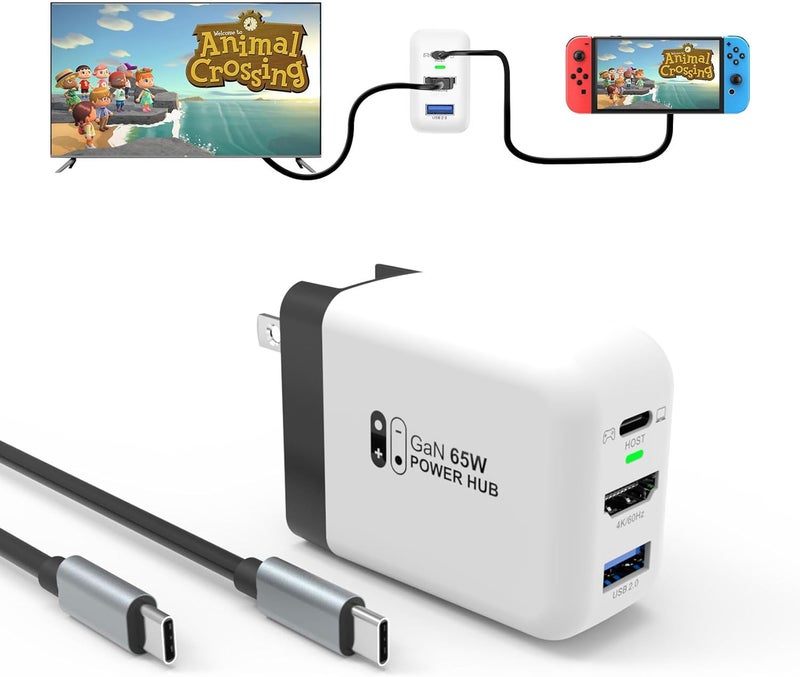 ميرابوكس شاحن محمول بقوة 65 واط لجهاز Nintendo Switch، متوافق مع أجهزة Switch OLED/Steam Deck/ROG Ally/Samsung Dex/iPad/MacBook، وحدة توصيل تلفزيون بتقنية USB-C بدقة 4K ومعدل 60 هرتز، يدعم الشحن والإخراج عبر منفذ HDMI. - Image 1