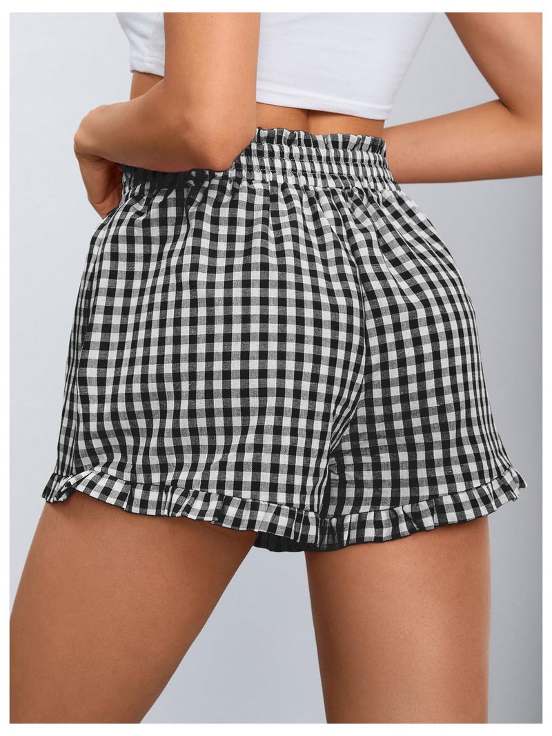 MakeMeChic Women's Gingham Ruffle Lounge Shorts Elastic High Waist Pajamas Boxer Shorts Black and White Small - Image 2