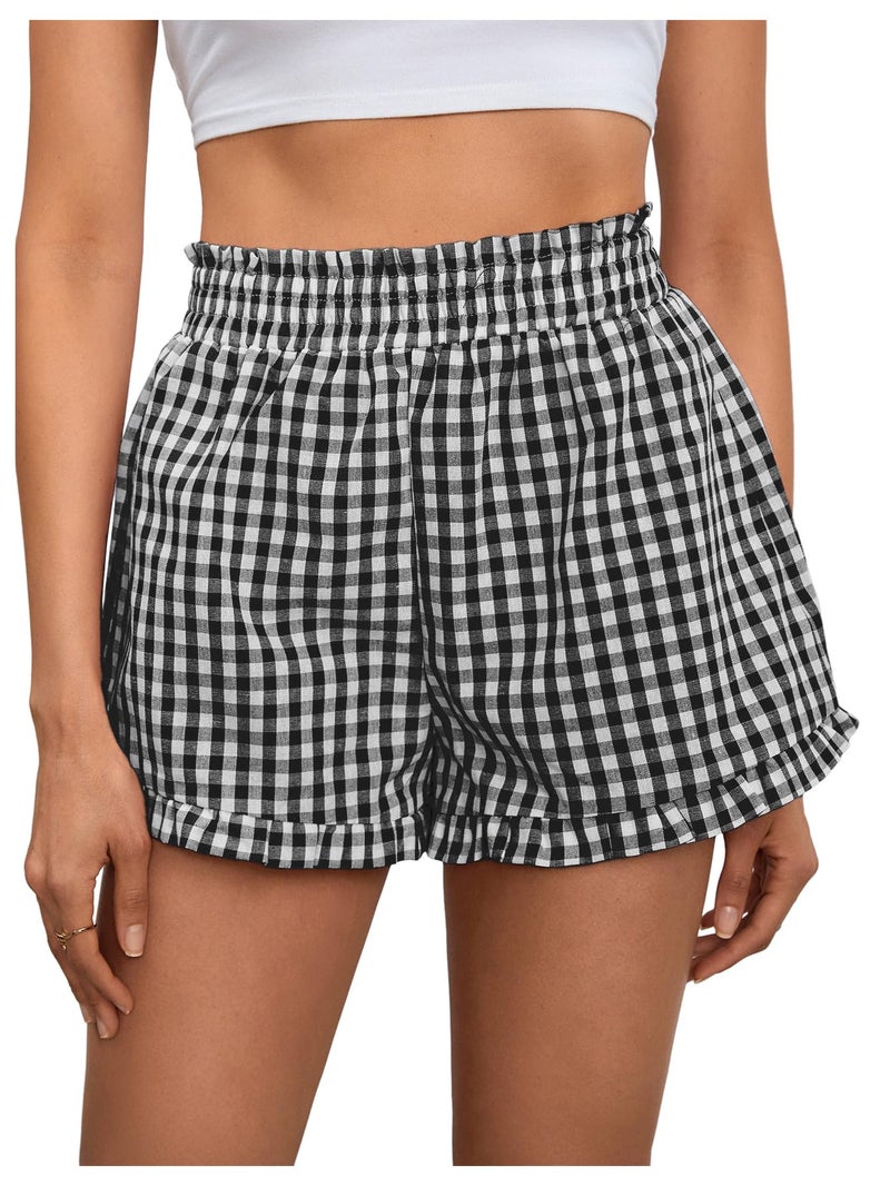 MakeMeChic Women's Gingham Ruffle Lounge Shorts Elastic High Waist Pajamas Boxer Shorts Black and White Small - Image 1