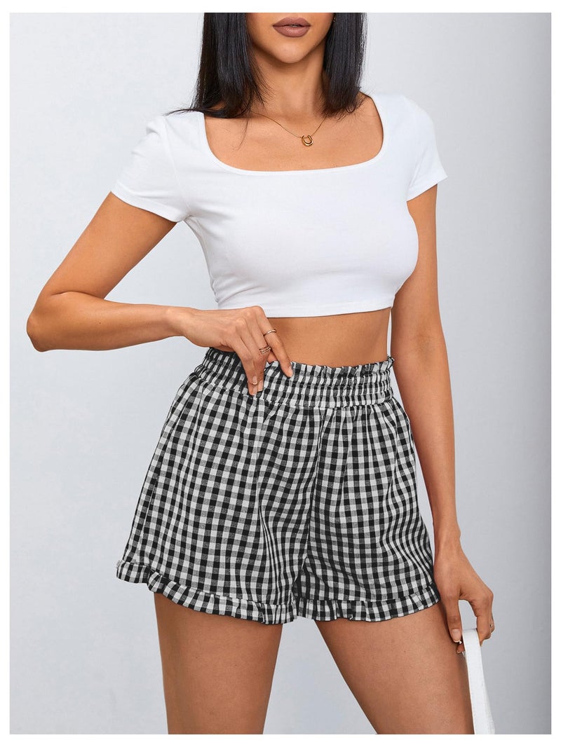 MakeMeChic Women's Gingham Ruffle Lounge Shorts Elastic High Waist Pajamas Boxer Shorts Black and White Small - Image 4