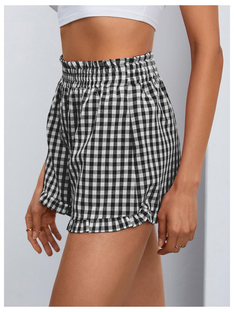 MakeMeChic Women's Gingham Ruffle Lounge Shorts Elastic High Waist Pajamas Boxer Shorts Black and White Small - Image 3