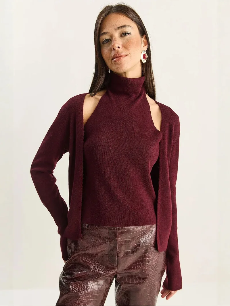 LUCCI Half Turtleneck Cut Out Ribbed Blouse