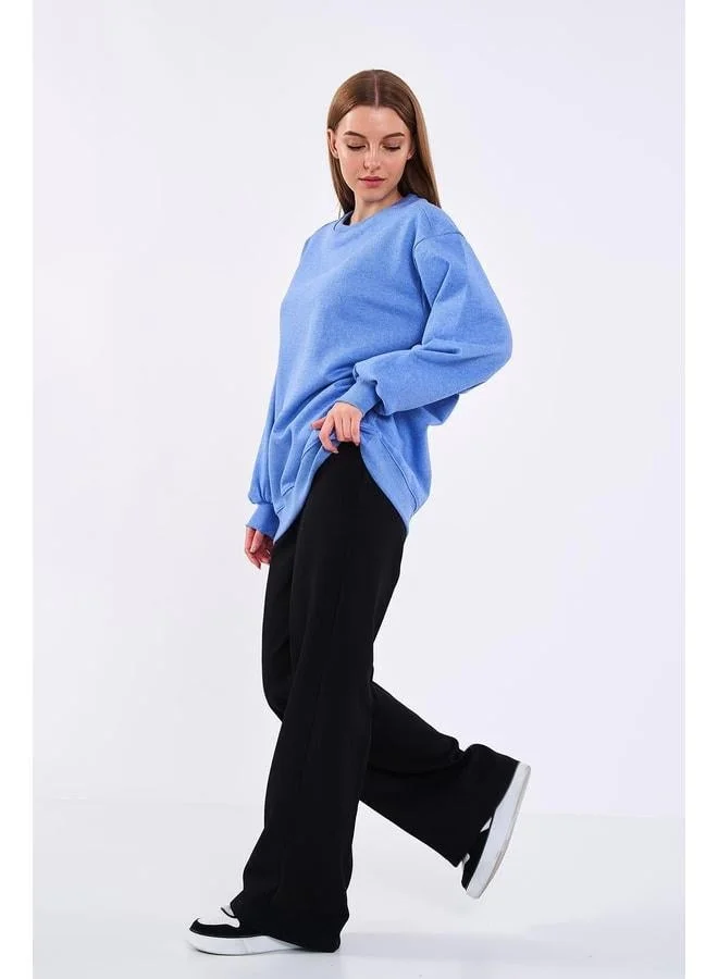 mmetalic Blue Women's Cotton Oversized Basic Crew Neck Sweatshirt